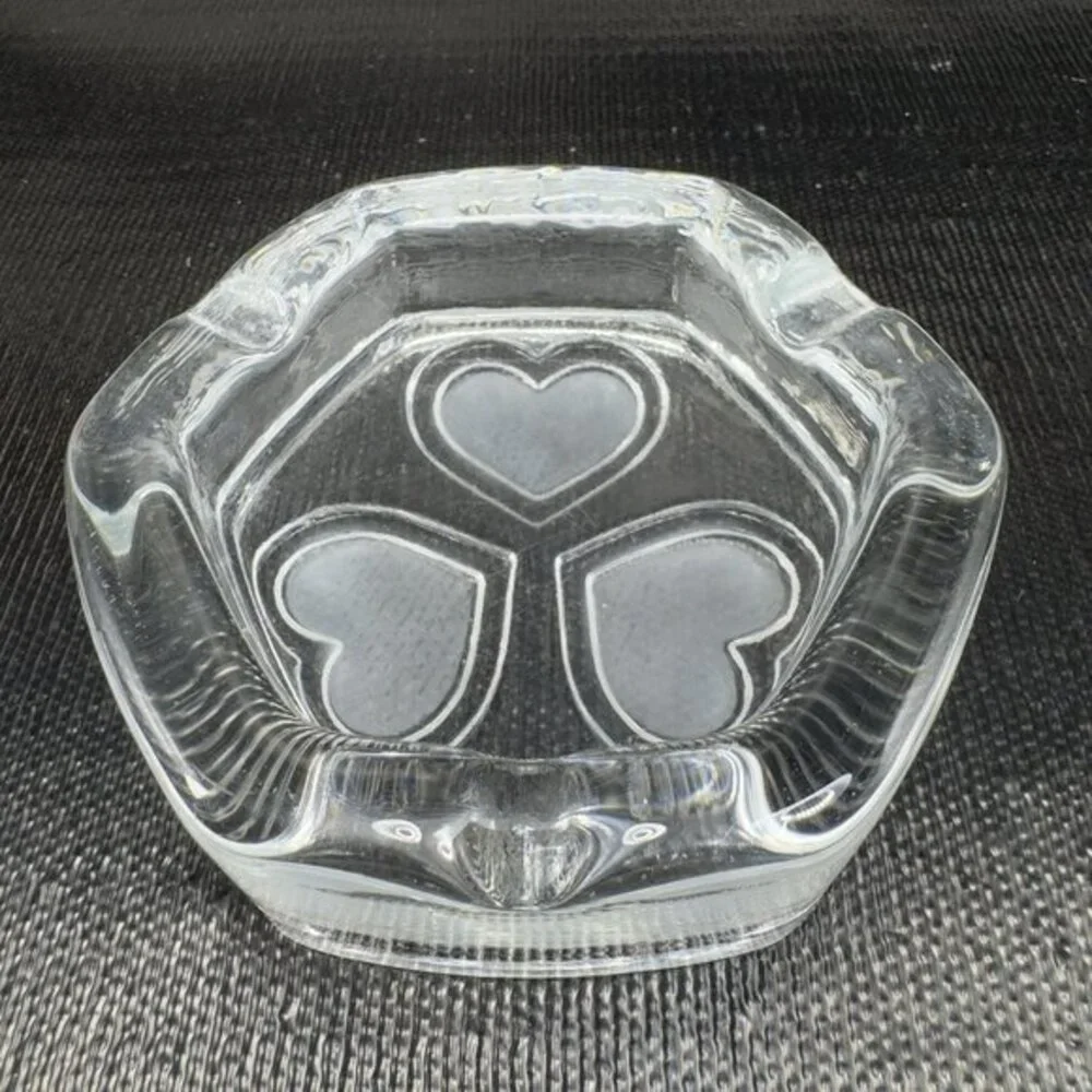 Vintage Scandinavian Clear Glass Dish Bowl Ashtray With Frosted Satin Hearts VTG